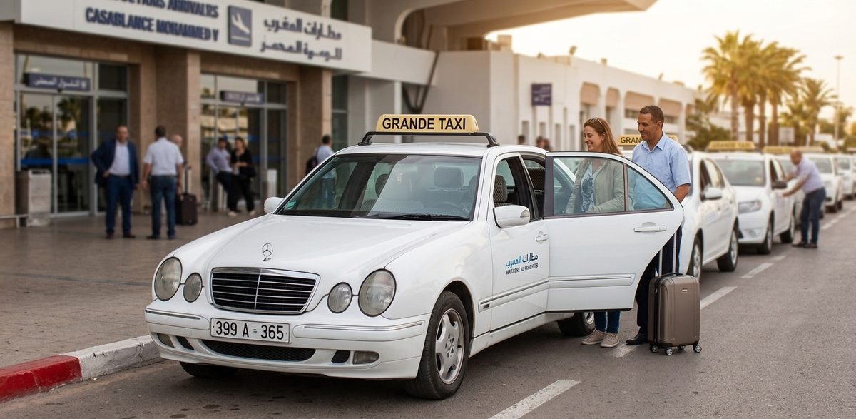 White grand taxi Mercedes waiting outside Casablanca Mohammed V Airport arrivals while a driver loads a suitcase for two passengers